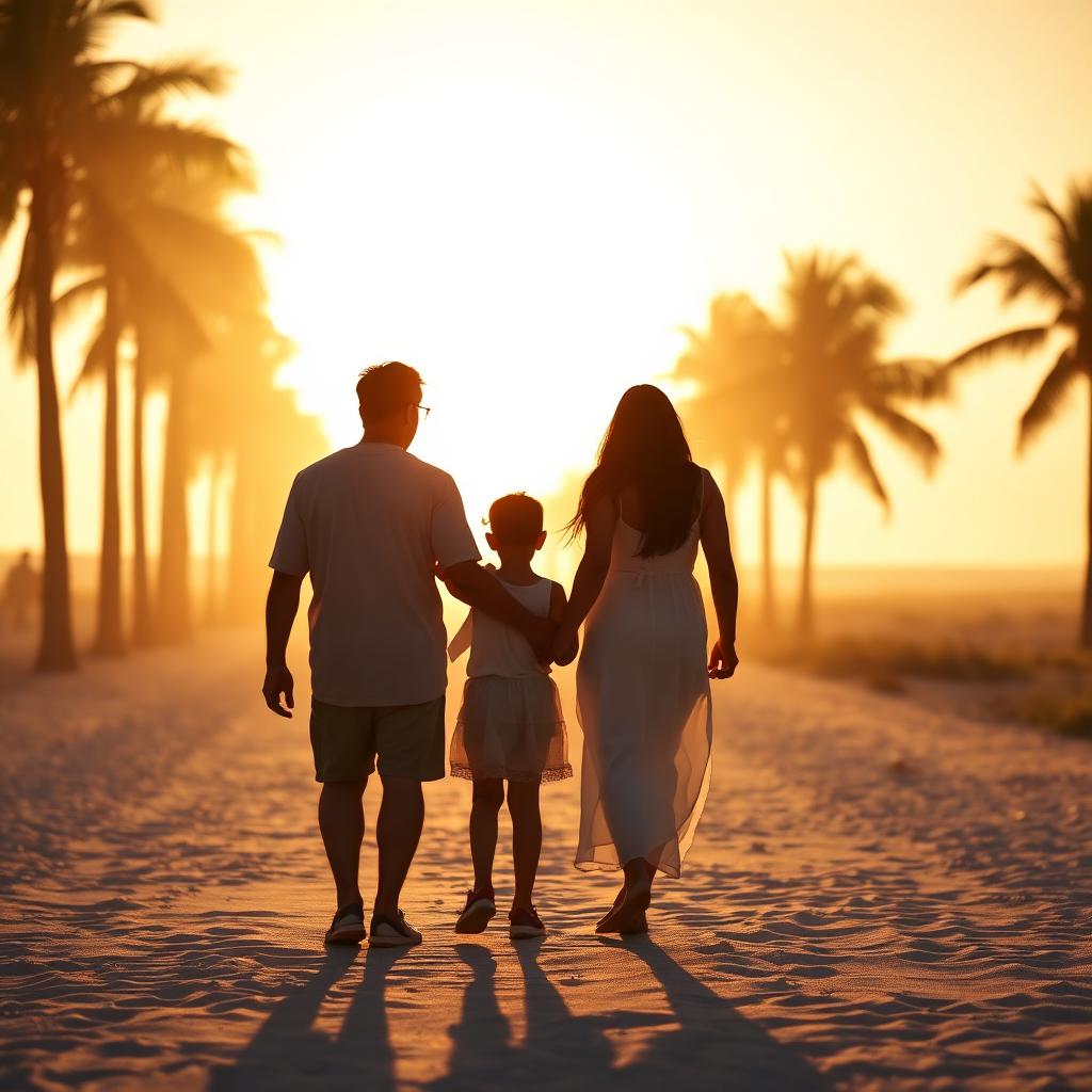 Family walking together into warm golden sunlight